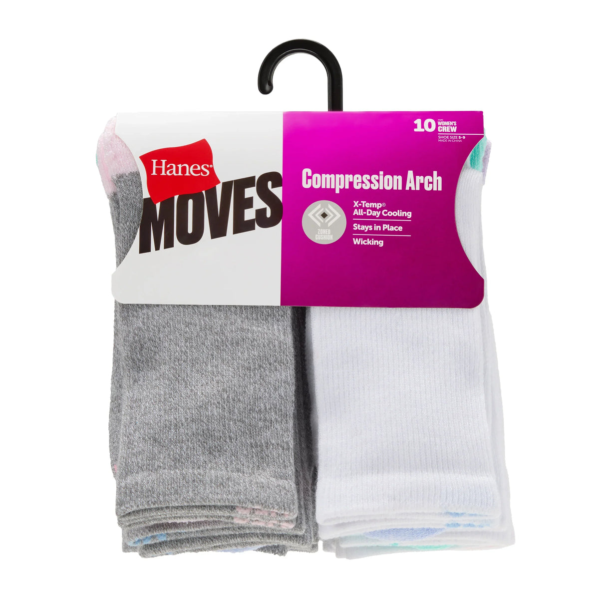 Hanes Moves X-Temp Women's Crew Socks, 10-Pairs, Shoe Sizes 5-9