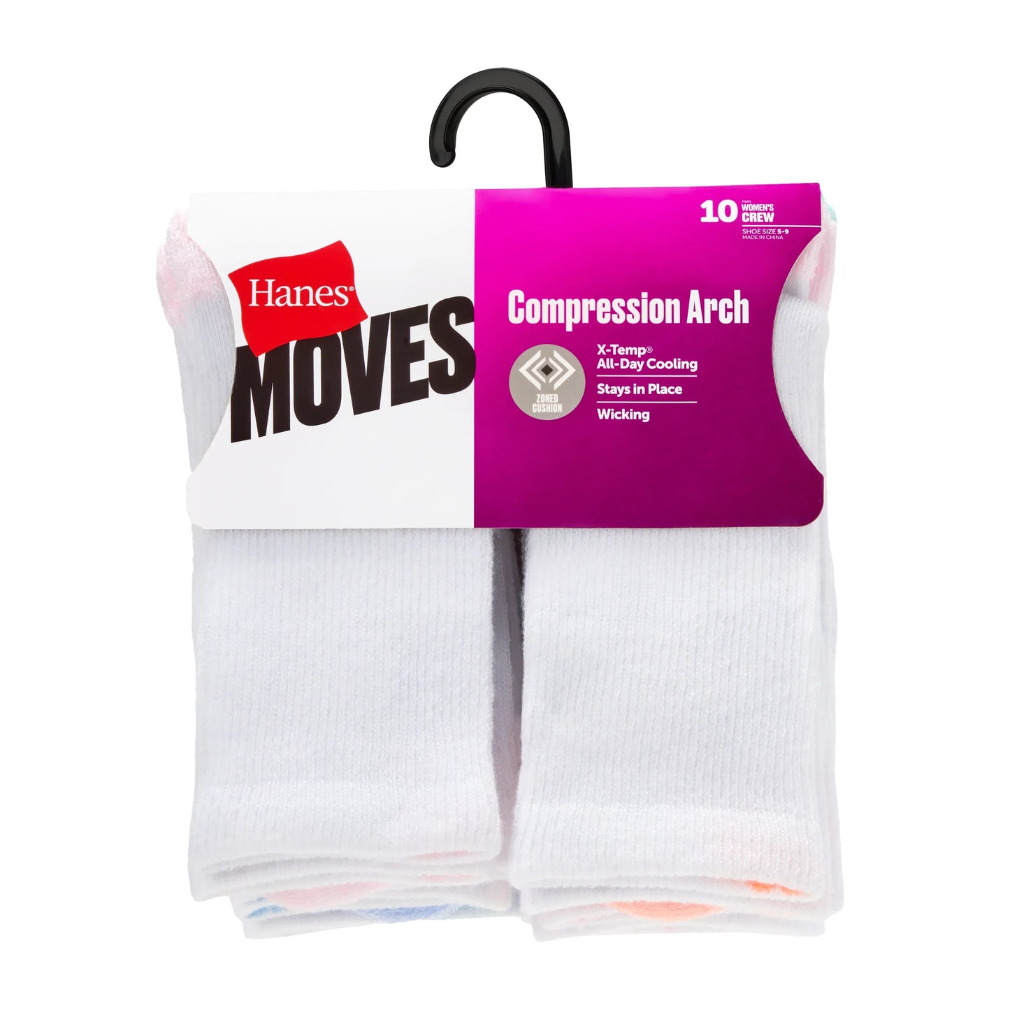 Hanes Moves X-Temp Women's Crew Socks, 10-Pairs, Shoe Sizes 8-12