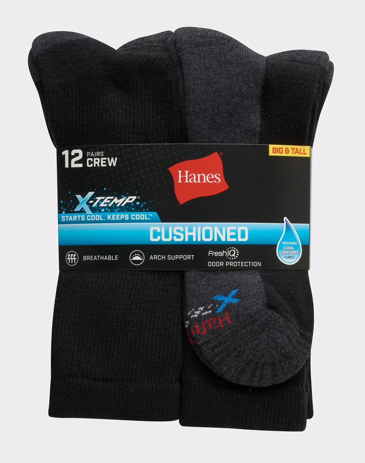 Hanes Men's FreshIQ® X-Temp® Active Cool® Big and Tall Crew Socks 12-Pack