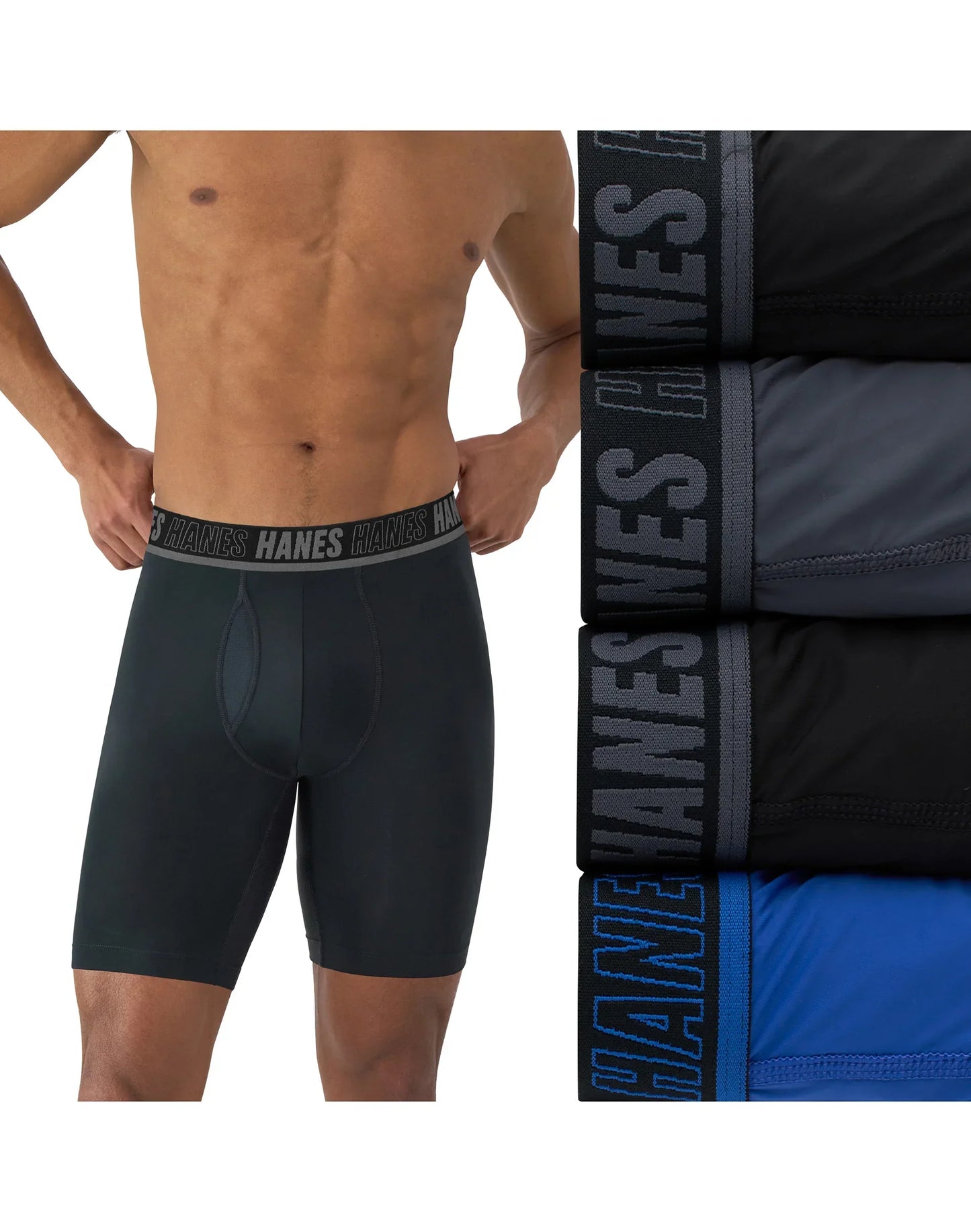 Hanes Moves Ultimate Men’s Anti-Chafe Long Leg Boxer Brief Underwear, Total Support Pouch, X-Temp, Black/Grey/Blue, 4-Pack, 8”