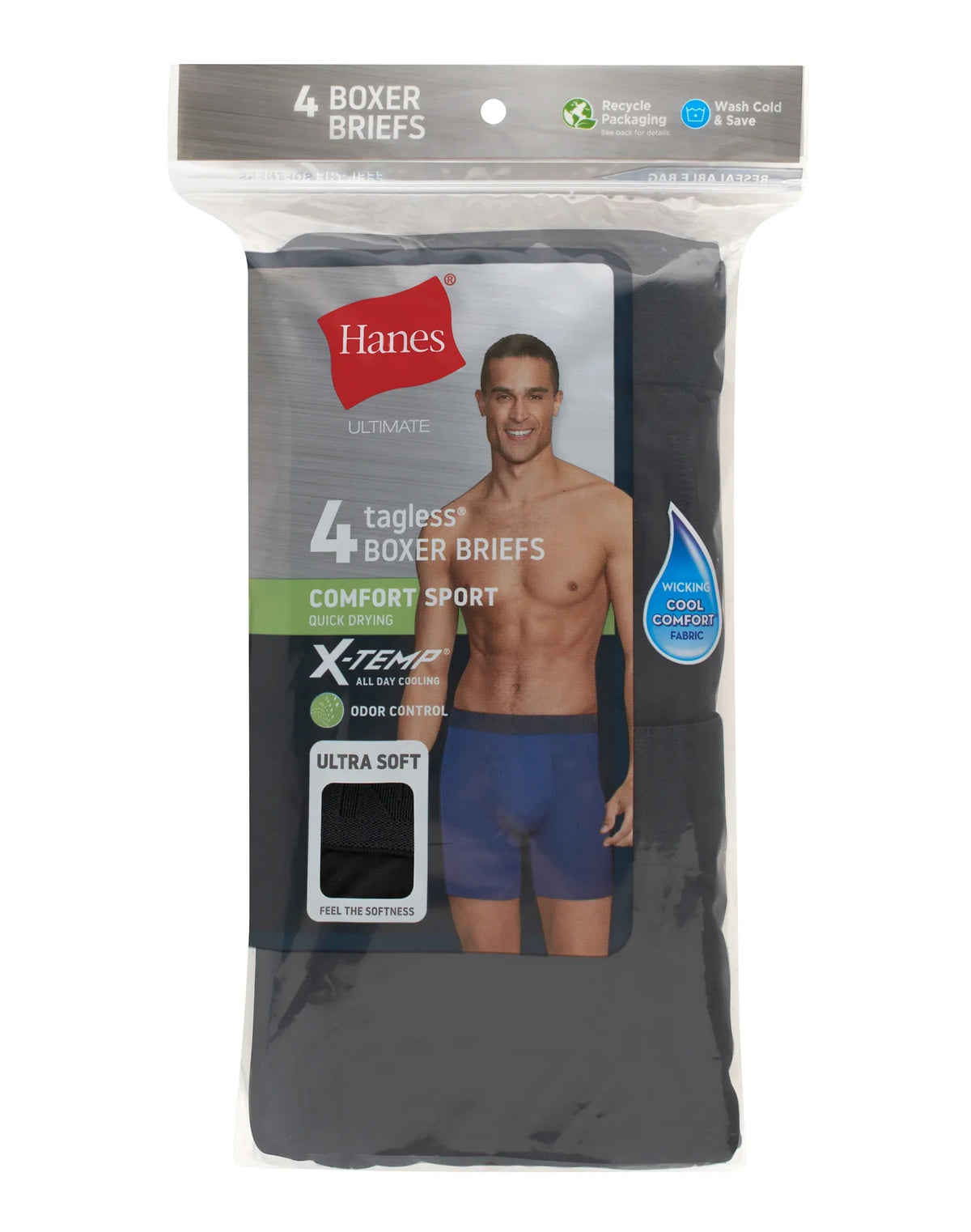 Hanes Ultimate Comfort Sport Men's Performance Stretch Boxer Brief Underwear, Black, 4-Pack