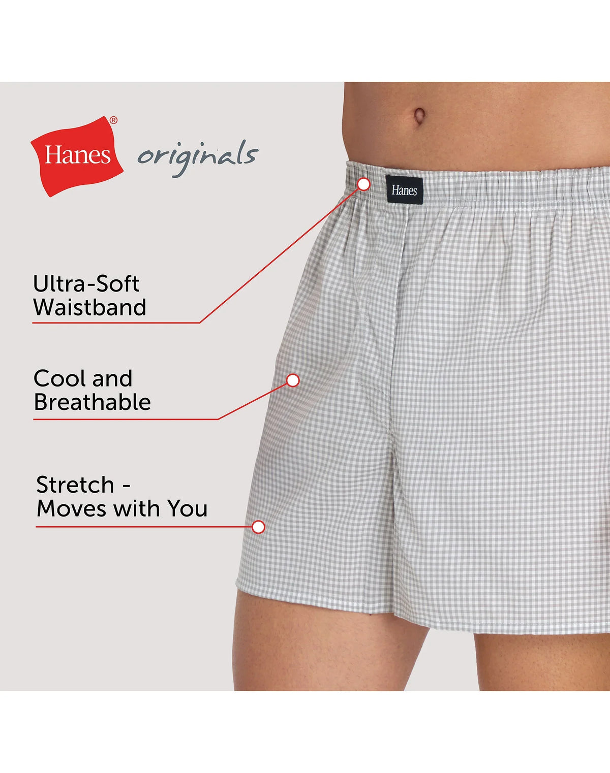 Hanes Originals Ultimate Men's Cotton Stretch Woven Boxer Underwear, Blue Plaids/Prints, 3-Pack