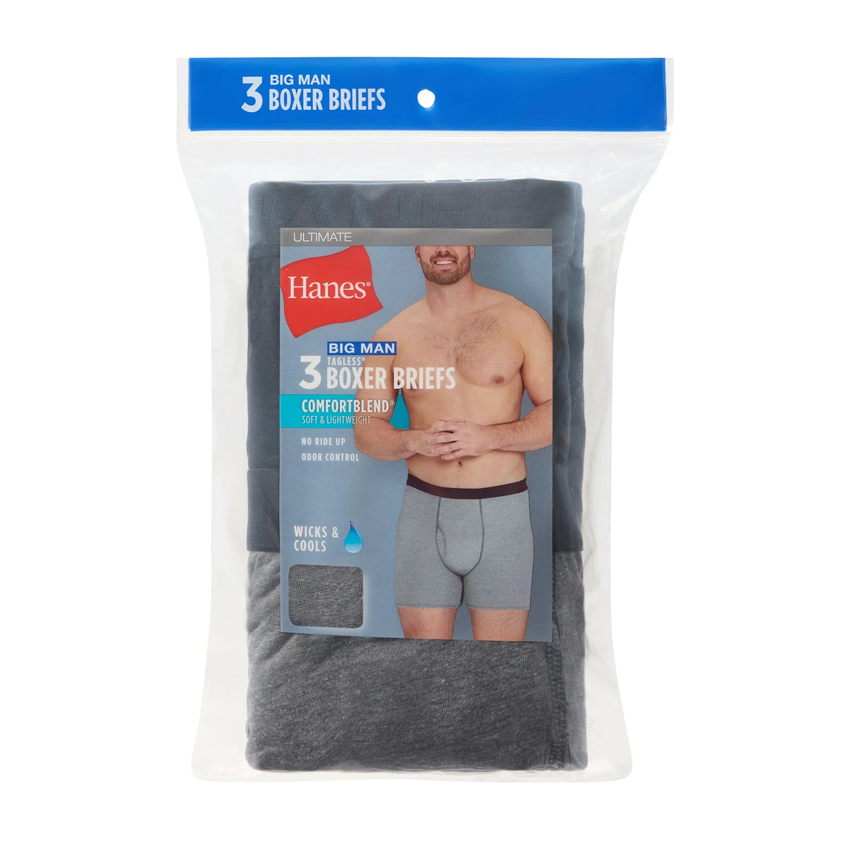 Hanes Ultimate Big Men's ComfortBlend Boxer Brief Underwear, Black/Grey, 3-Pack (Big &amp; Tall Sizes)