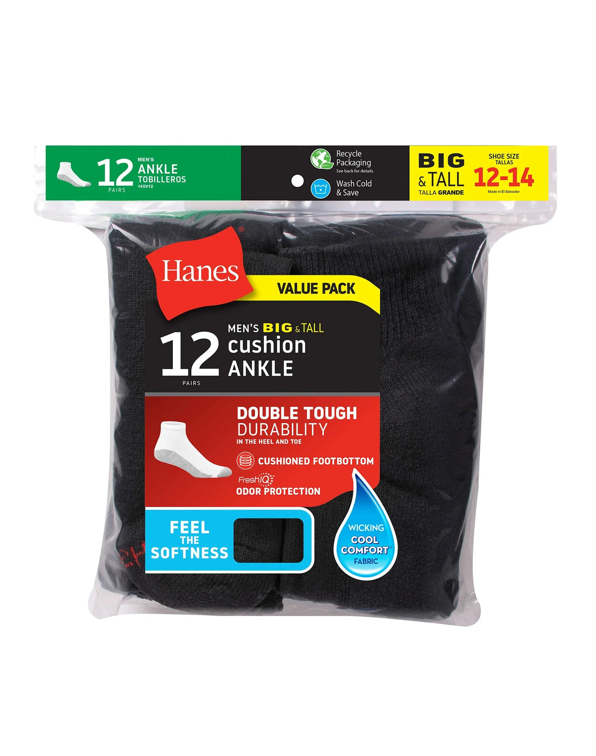 Hanes Double Tough Men's Ankle Socks, Shoe Sizes 12-14, 12-Pairs