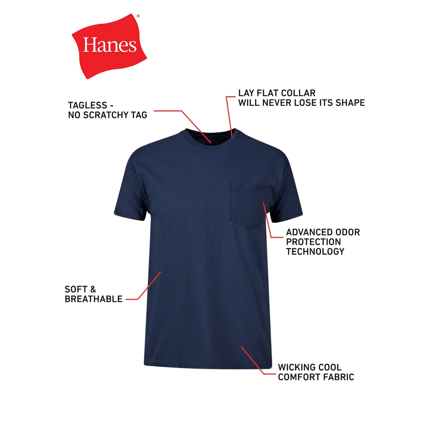 Hanes Men's Cotton Pocket T-Shirt, Moisture-Wicking with Odor Control, Assorted Solids, 6-Pack