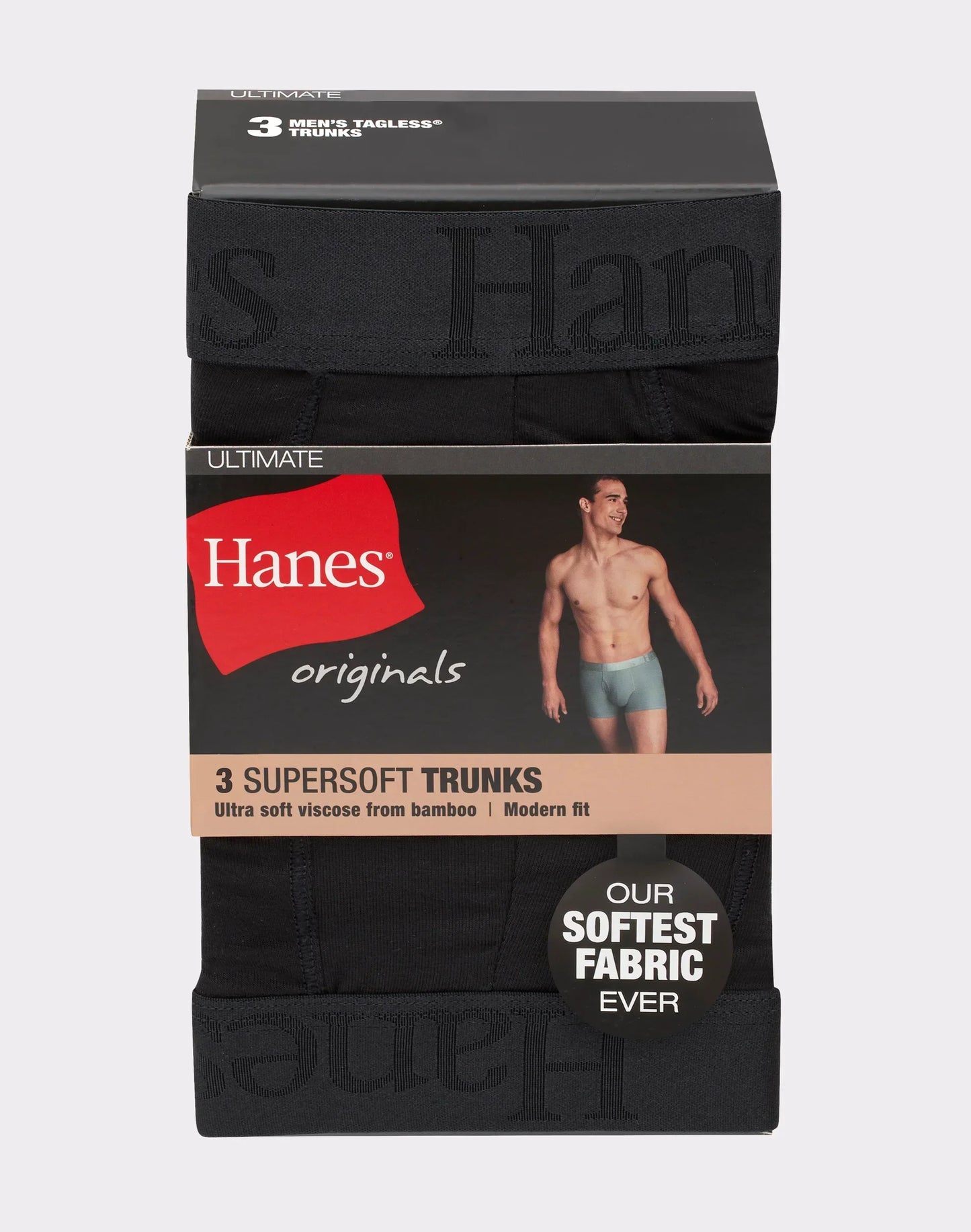 Hanes Originals Ultimate Men's SuperSoft Trunk Underwear, Black, 3-Pack