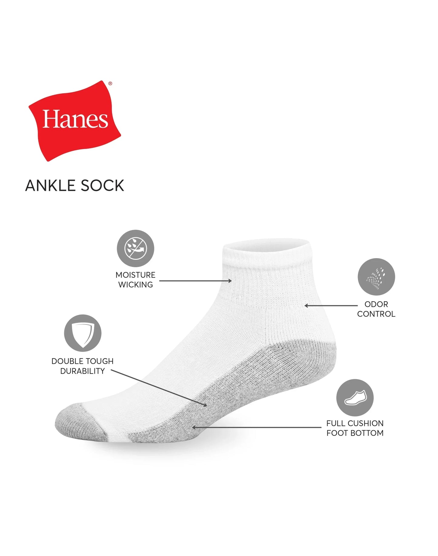 Hanes Double Tough Men's Big &amp; Tall Ankle Socks, Shoe Sizes 12-14, 6-Pairs
