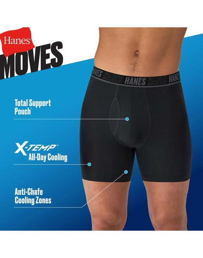 Hanes Moves Ultimate Men's Anti-Chafe Boxer Brief Underwear, Total Support Pouch, X-Temp, Black/Grey/Blue, 4-Pack, 6"