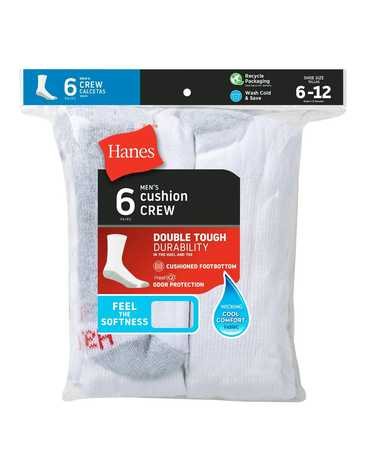 Hanes Men's Cushion Crew Socks, 6-Pairs
