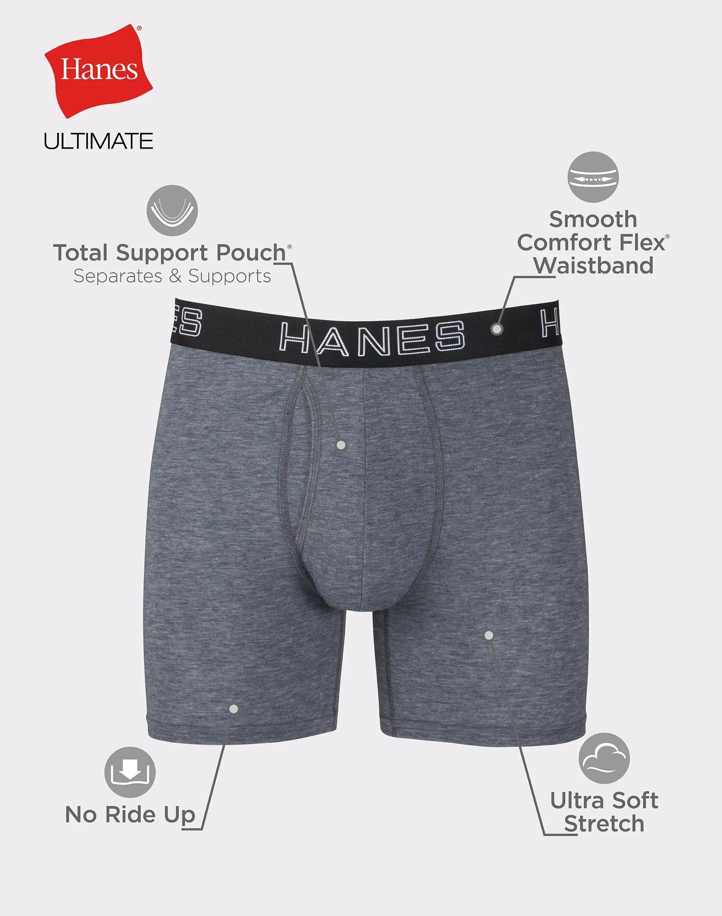Hanes Ultimate Comfort Flex Fit Total Support Pouch Men's Boxer Brief Underwear, Red/Green/Black/Grey, 4-Pack
