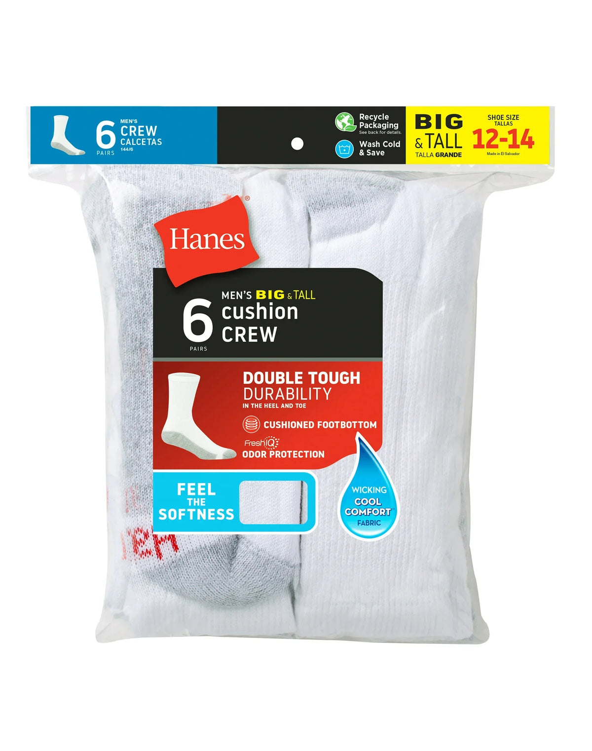 Hanes Double Tough Men's Big &amp; Tall Cushion Crew Socks, 6-Pairs
