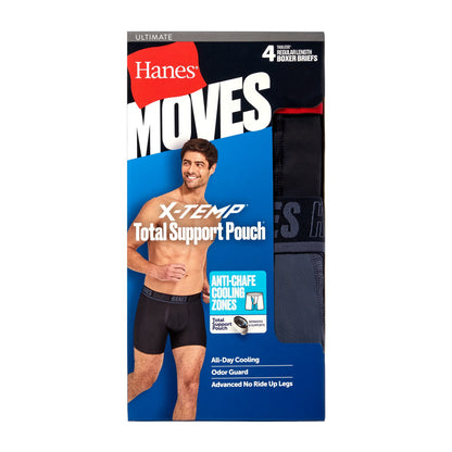 Hanes Moves Ultimate Men's Anti-Chafe Boxer Brief Underwear, Total Support Pouch, X-Temp, Black/Grey/Blue, 4-Pack, 6"