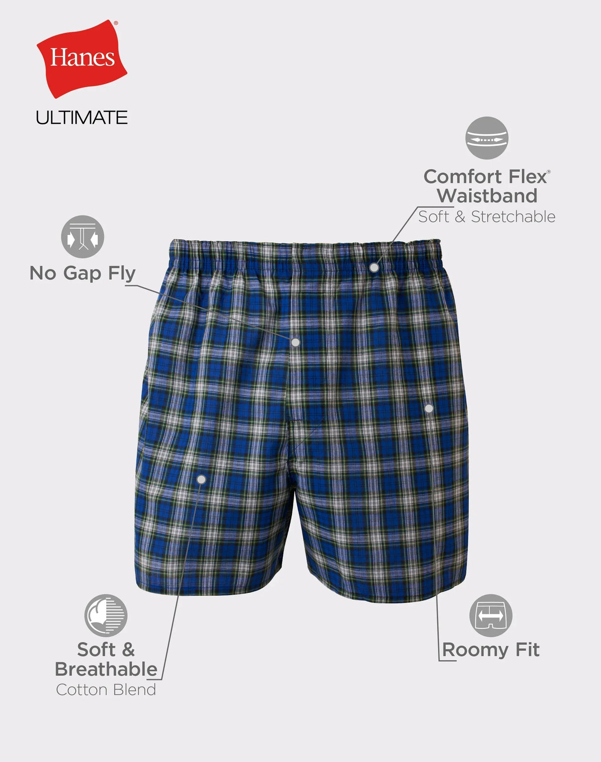 Hanes Ultimate Big Men&rsquo;s Woven Boxer Underwear, Tartan Prints, 4-Pack, (Big &amp; Tall Sizes)