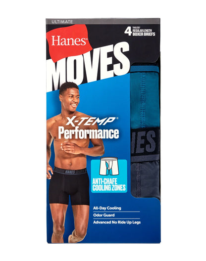 Hanes Moves Ultimate Men&rsquo;s Anti-Chafe Boxer Brief Underwear, X-Temp, Black/Grey/Ocean Blue, 4-Pack, 6"