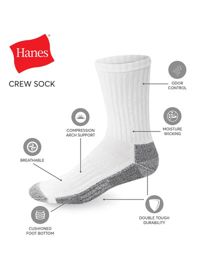 Hanes Double Tough Men's Work Crew Socks, Shoe Sizes 12-14, 6-Pairs