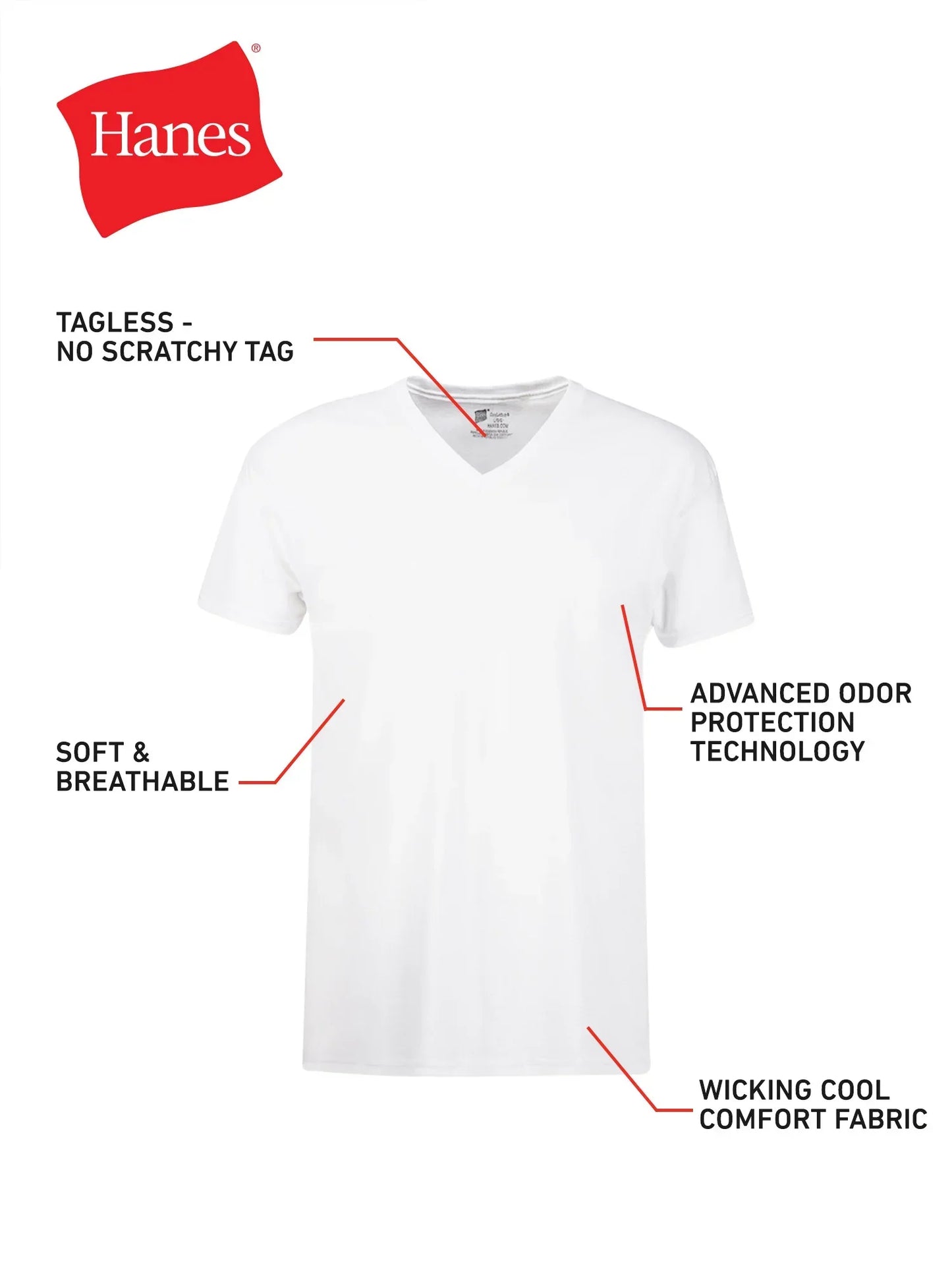Hanes Men's Undershirt Pack, V-Neck, Moisture-Wicking Cotton with Odor Control, 6-Pack