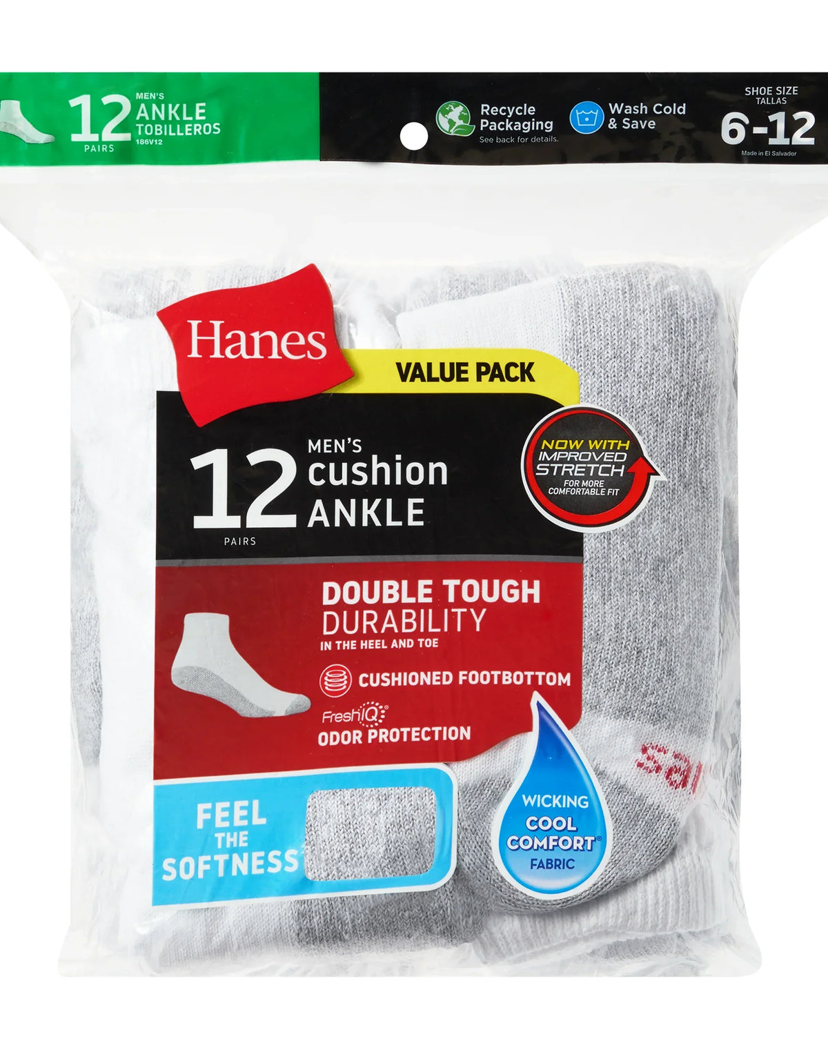 Hanes Double Tough Men's Ankle Socks, Shoe Sizes 6-12, 12-Pairs