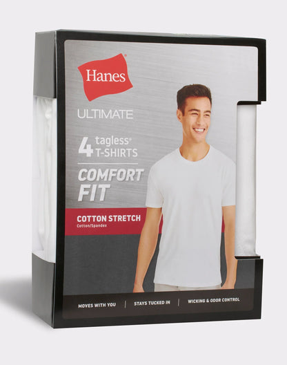 Hanes Ultimate Comfort Fit Men's Crewneck Undershirt, White, 4-Pack
