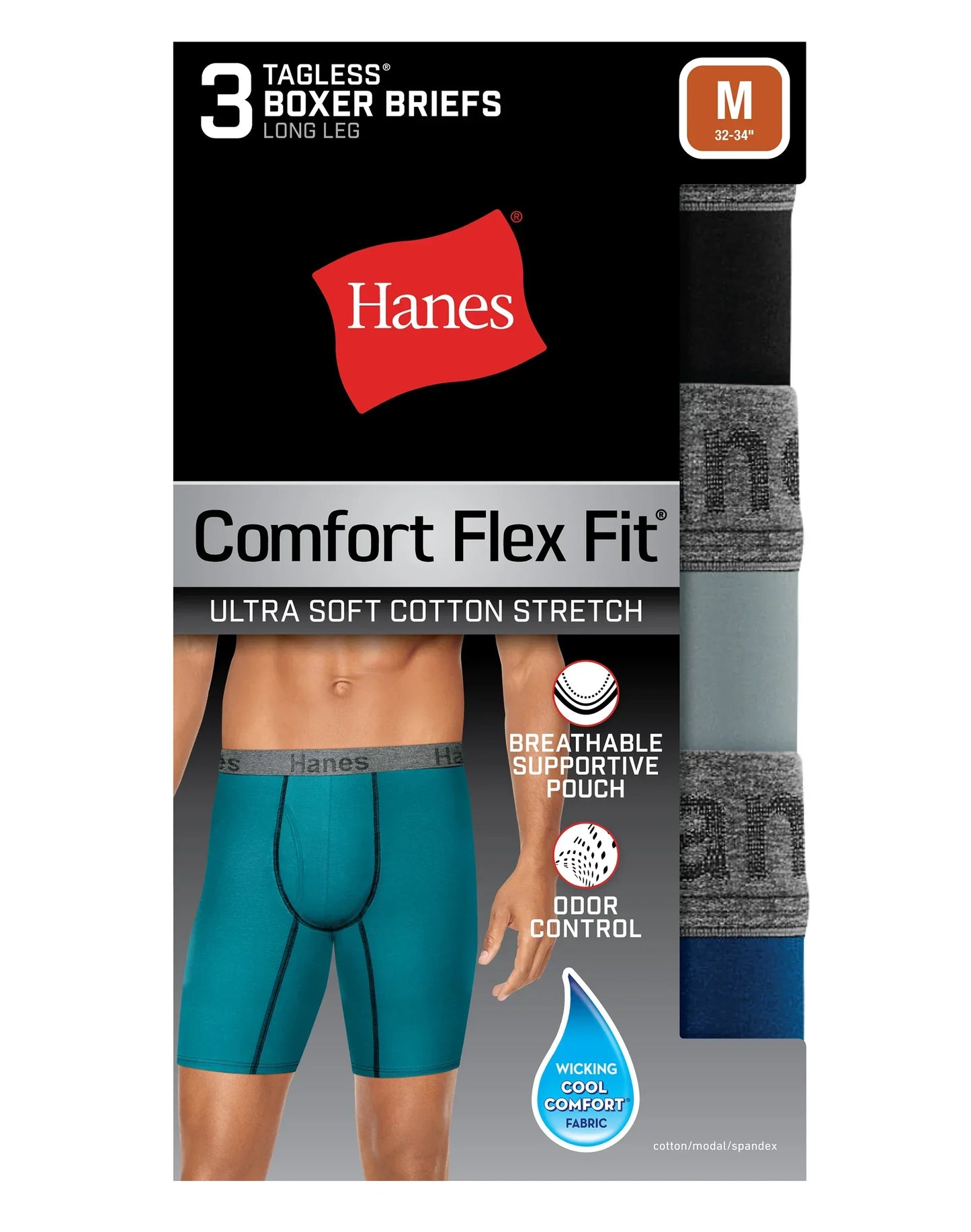 Hanes Comfort Flex Fit Men's Long Leg Boxer Brief Underwear, Moisture-Wicking, 3-Pack