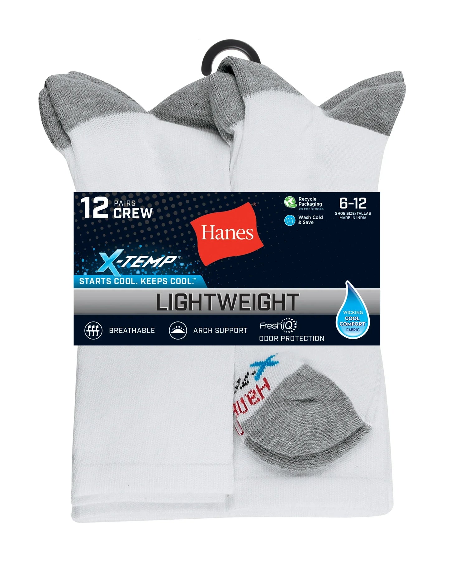 Hanes X-Temp Men's Lightweight Crew Socks, Shoe Sizes 6-12, 12-Pairs