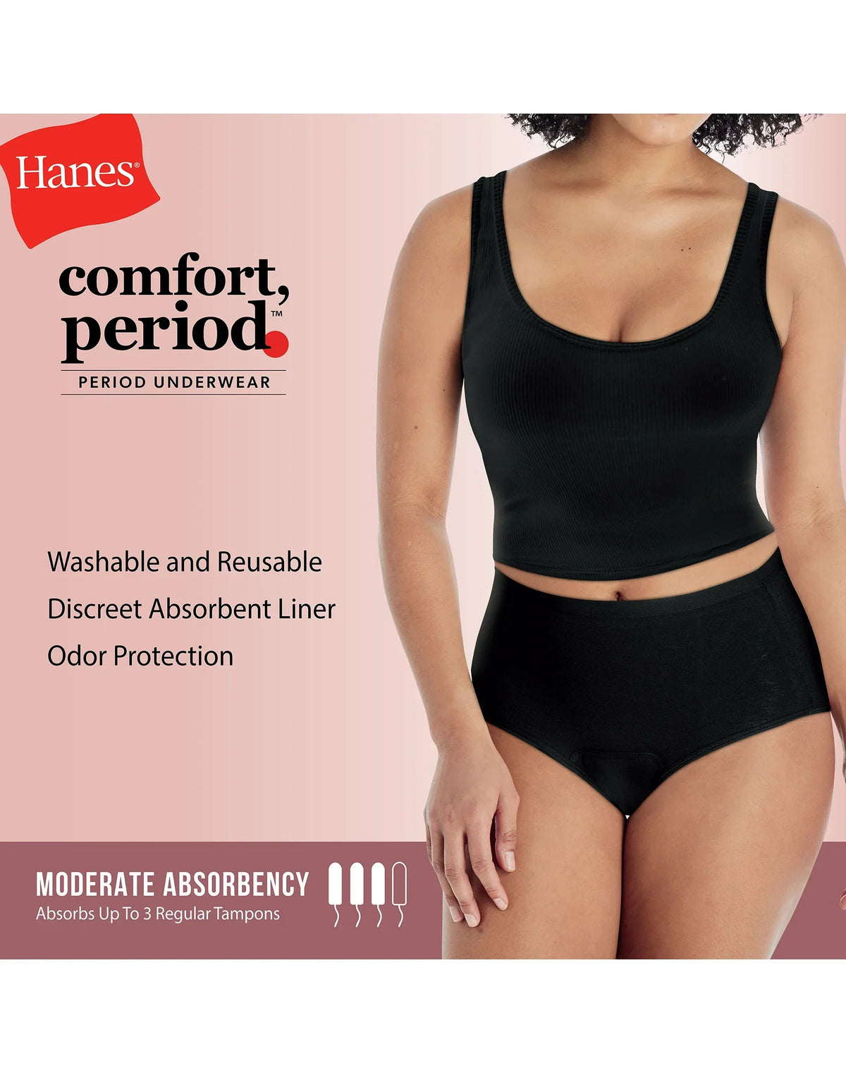Hanes Comfort, Period. Women's Brief Period Underwear, Moderate Leaks, Neutrals, 3-Pack
