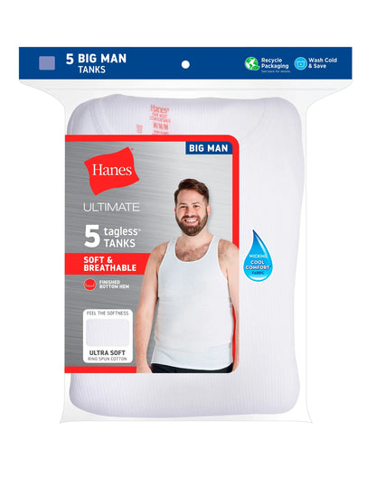 Hanes Ultimate Big Men&rsquo;s White Tank Top Undershirt Pack, Cotton, 5-Pack, (Big &amp; Tall Sizes)