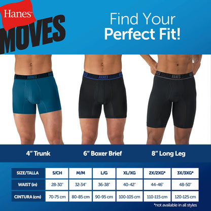 Hanes Moves Ultimate Men&rsquo;s Anti-Chafe Boxer Brief Underwear, X-Temp, Black/Grey/Ocean Blue, 4-Pack, 6"