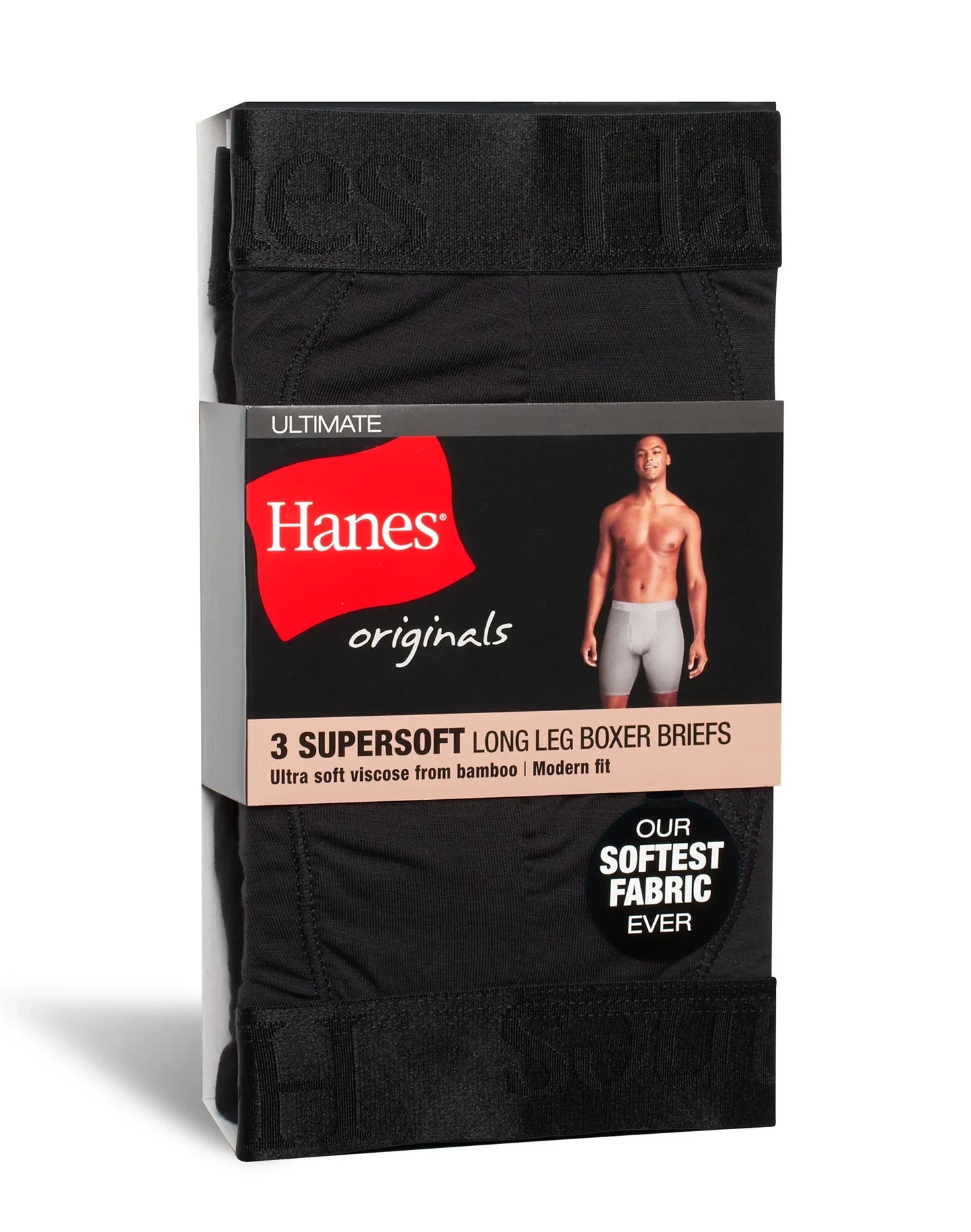 Hanes Originals Ultimate Men's SuperSoft Long Leg Boxer Brief Underwear, Black, 3-Pack