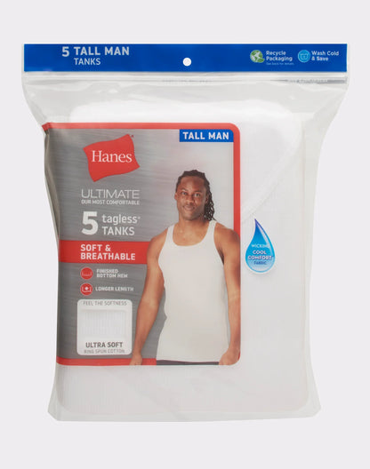 Hanes Ultimate Tall Men&rsquo;s Tank Top Undershirts Pack, Cotton, 5-Pack, (Big &amp; Tall Sizes)