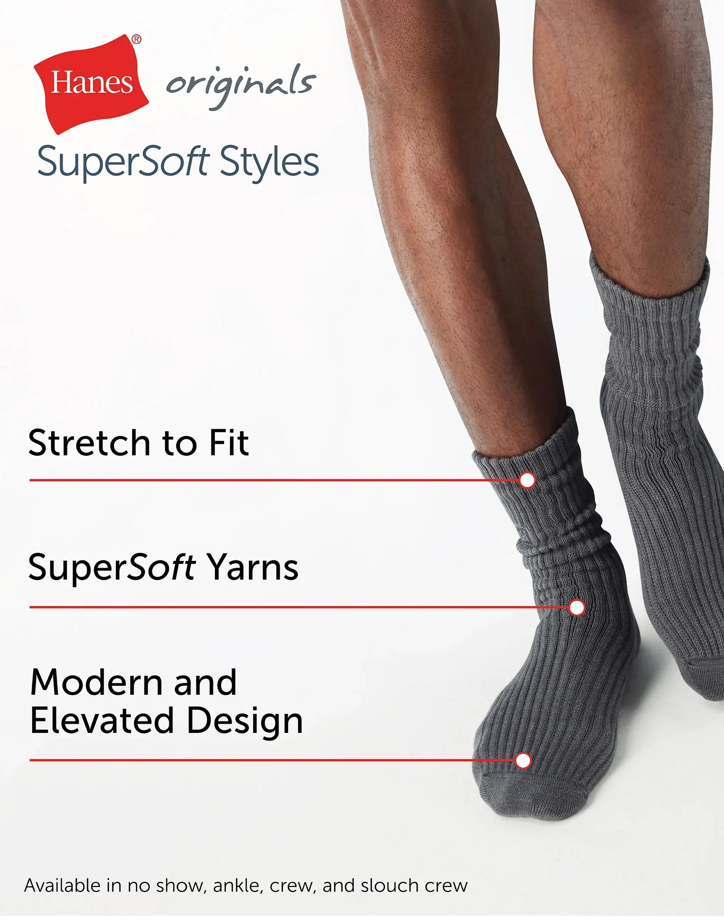 Hanes Originals Men&rsquo;s Crew Socks Pack, 3 Pairs, SuperSoft Slouch