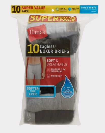 Hanes Men's Cotton Boxer Brief Underwear Super Value Pack, Black/Grey, 10-Pack