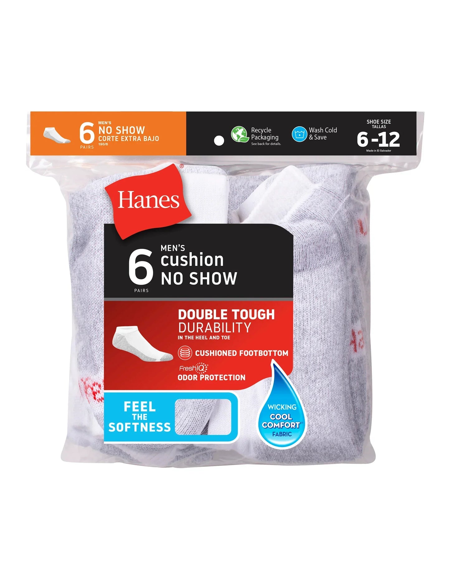 Hanes Men's Cushion No Show Socks, 6-Pairs