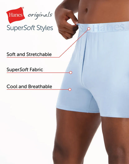 Hanes Originals Ultimate Men's SuperSoft Knit Boxer Underwear, Blue/Grey/Red, 3-Pack