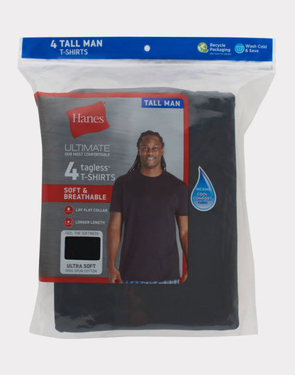 Hanes Ultimate Cotton Tall Men&rsquo;s T-Shirt Pack, Black/Grey, 4- Pack, (Big &amp; Tall Sizes)