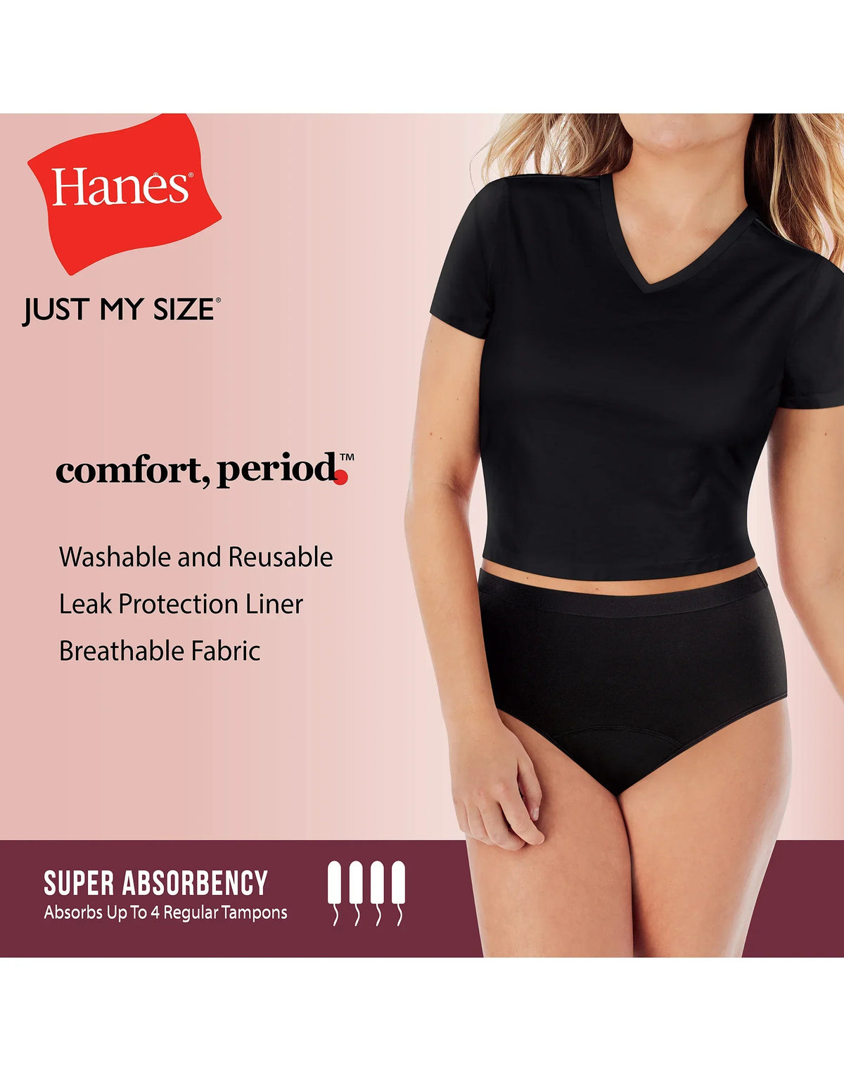 Hanes Just My Size Comfort, Period. Brief Period Underwear, Super Leaks, 2-Pack (PLUS SIZES)