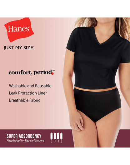 Hanes Just My Size Comfort, Period. Brief Period Underwear, Super Leaks, 2-Pack (PLUS SIZES)