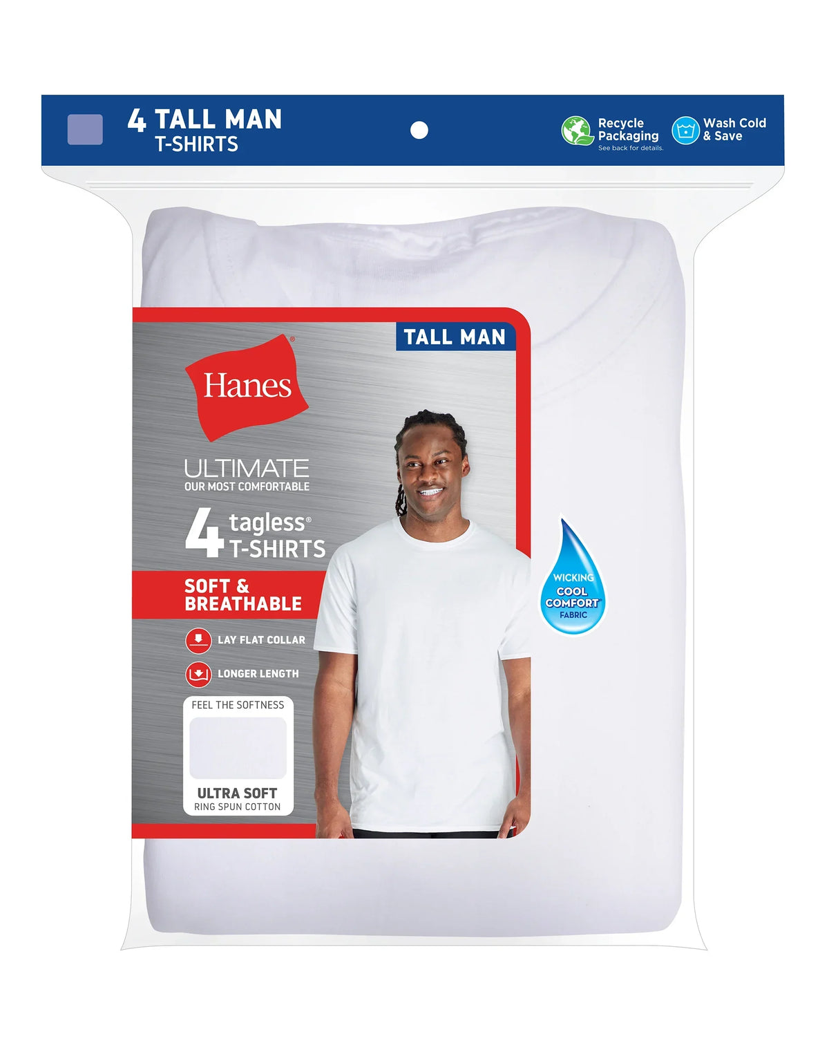 Hanes Ultimate Tall Men’s White Cotton Undershirt, 4-Pack, (Big &amp; Tall Sizes)