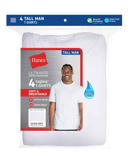 Hanes Ultimate Tall Men’s White Cotton Undershirt, 4-Pack, (Big &amp; Tall Sizes)