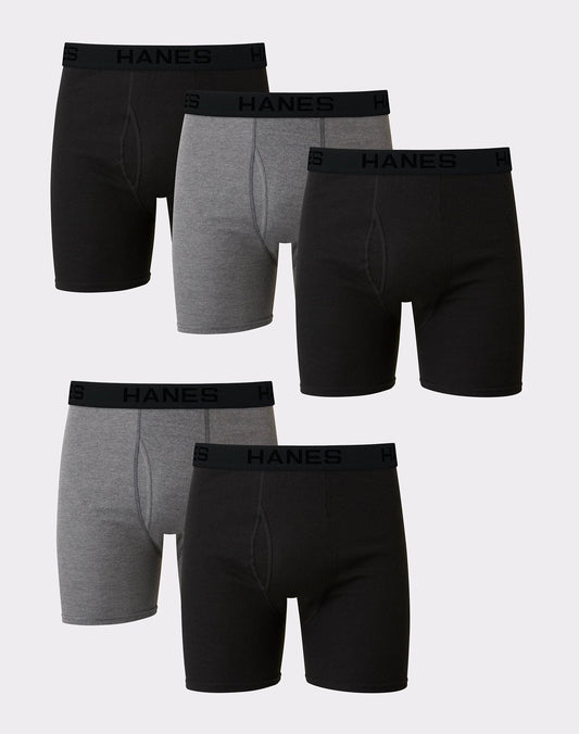 Hanes Ultimate Men&rsquo;s Cotton Boxer Brief Underwear, Comfort Flex Waistband, Black/Grey, 5-Pack