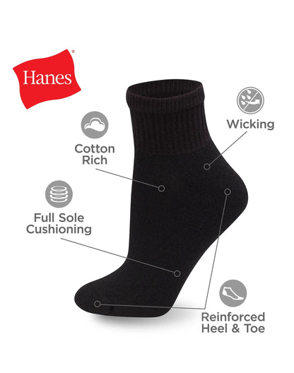 Hanes Women's Athletic Ankle Socks, Full Sole Cushion, Extended Sizes, 10-Pairs