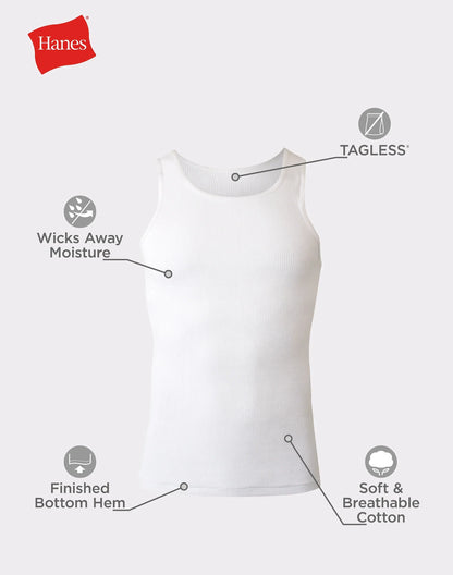 Hanes Men's Cotton Tank Undershirt, Moisture-Wicking, White, 6-Pack