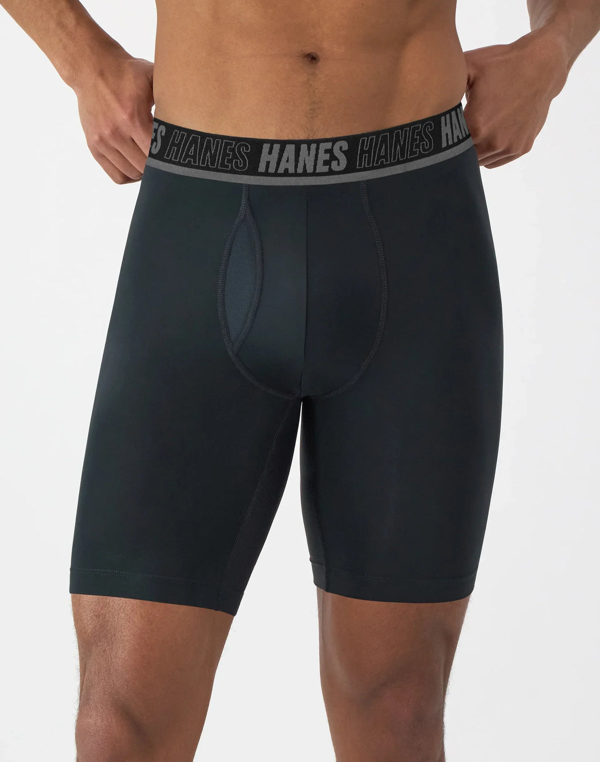 Hanes Moves Ultimate Men&rsquo;s Anti-Chafe Long Leg Boxer Brief Underwear, Total Support Pouch, X-Temp, Black/Grey/Blue, 4-Pack, 8&rdquo;