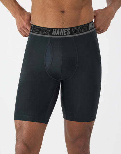 Hanes Moves Ultimate Men&rsquo;s Anti-Chafe Long Leg Boxer Brief Underwear, Total Support Pouch, X-Temp, Black/Grey/Blue, 4-Pack, 8&rdquo;