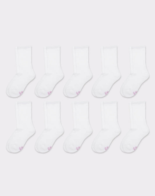 Hanes Girls' Uniform Crew Socks, White, 10-Pairs