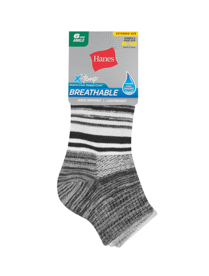 Hanes X-Temp Women's Ankle Socks, Extended Sizes, 6-Pairs