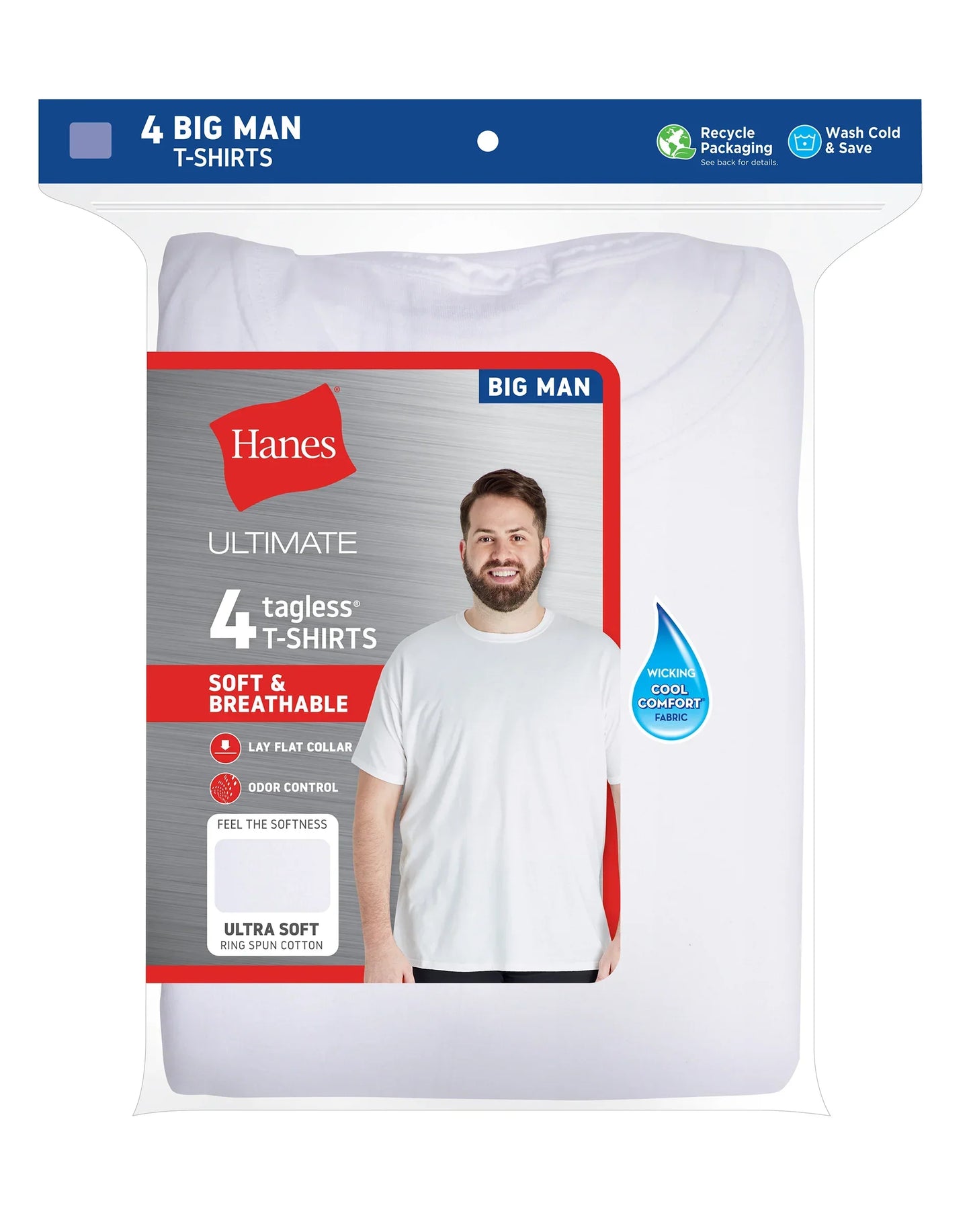Hanes Ultimate Big Men&rsquo;s White Undershirt Pack, Cotton, 4-Pack, (Big &amp; Tall Sizes)