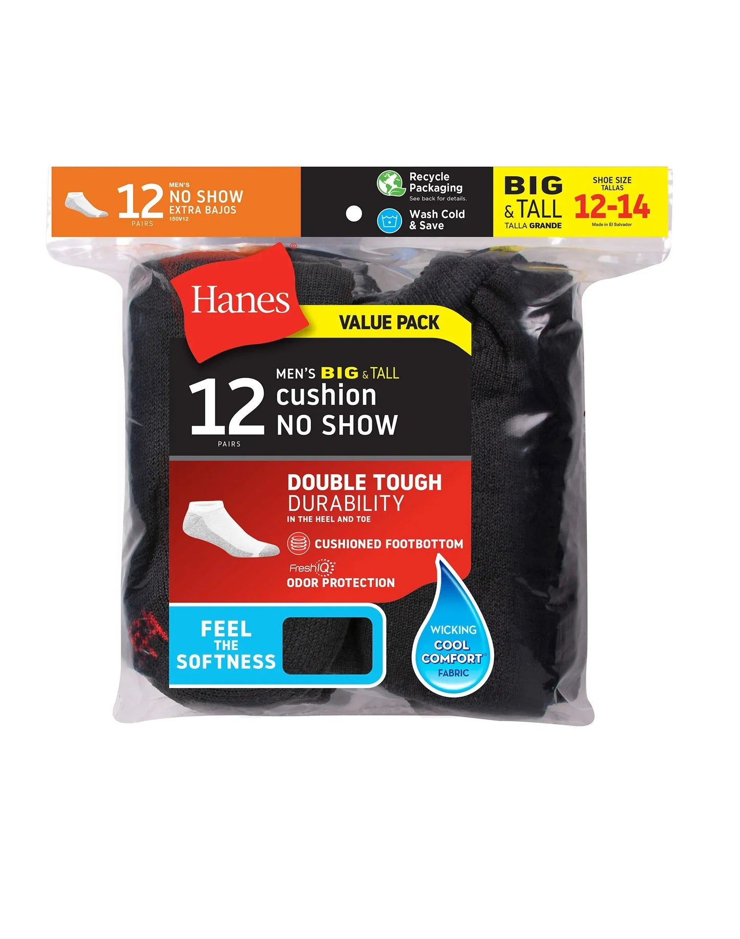 Hanes Double Tough Men's No Show Socks, Shoe Sizes 12-14, 12-Pairs