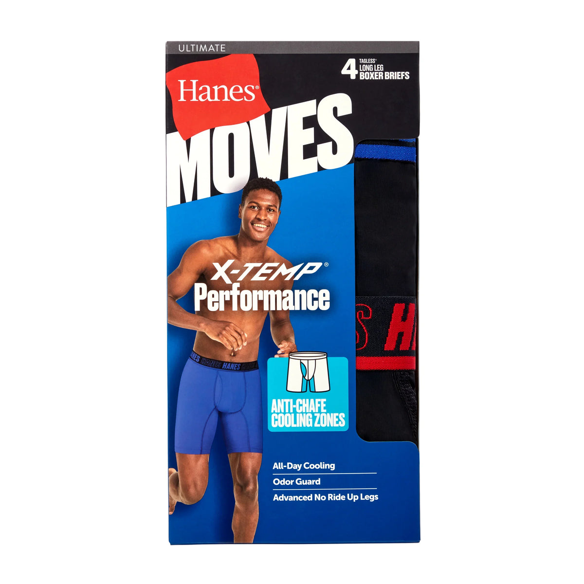 Hanes Moves Ultimate Men&rsquo;s Anti-Chafe Long Leg Boxer Brief Underwear, X-Temp, 4-Pack, Black, 8"