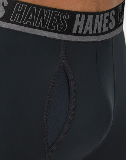 Hanes Moves Ultimate Men&rsquo;s Anti-Chafe Long Leg Boxer Brief Underwear, Total Support Pouch, X-Temp, Black/Grey/Blue, 4-Pack, 8&rdquo;