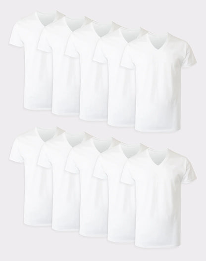 Hanes Men's White V-Neck Undershirt Super Value Pack, Moisture-Wicking Cotton, 10-Pack